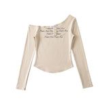 Spice Girls Personality Autumn New Letter Personality Slant Shoulder T-Shirt Collar Short Fashion Long Sleeve Bottom