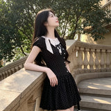 College Storm Point Bow Splicing Button Summer Dress Girl Short Punt