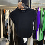 Ins Hot Girls Pure Want To Close Waist Small Flying Sleeve Girl T-Shirt Short-Sleeved Tops New Solid Color Bottom Body-Repair Women's Tide