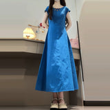 French Retro Blue Hollow Sleeveless Dress Simple Generous High-End Feel Waist-High Temperament Dress Summer New