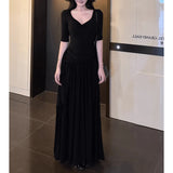 Gray V-Neck Dress Women Autumn Pure Lust Wind Gentle Lazy Temperament Slim Slim Slim Beautiful Beautiful Beautiful Long Dress
