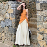 French Casual Suit Summer Pure Sleeveless Irregular Repair T-Shirt Girl + High-Rise Wide Leg Pants Two Sets