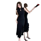 2025 New Chinese Young Lotus Leaf Side Boiling Water Drop Lace Temperament Sexy Sleeveless Cheongsam Dress