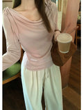 Autumn Gentle Wind With Solid Color Long-Sleeved T-Shirt Slanted Shoulders Hottie Pure Chic Repair Body Dress Woman