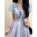 French Literary And Art T-Shirted With V-Neck Blue Bubble-Sleeved Dress Small Super Fairy Collection Waist Lanky Skirt