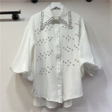 French Sweet Heavy Industry Diamond Bubble Bubble Sleeve White Shirt Women Spring And Summer Light Luxury High-End Blouse Design Sense Niche