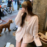 KANING Pink Knitted Cardigan Sweater Korean Chic Wear Loose Sweet Age-Reasing Lazy Coat Top
