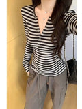 Striped Half-Necked Body To Close The Waist With Long-Sleeved Top Woman Bumpy Hottie Long-Sleeved T-Shirt