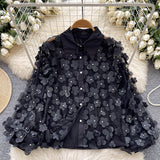 French Heavy Industry Nail Beads Three-Dimensional Flower Long-Sleeved Shirt Women Loose Thin Famous Lady Light Luxury Chic Lantern Sleeve Top