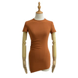 Pure Round Collar Under The Frame Short Sleeve Side Open Wrinkle Blouse Waist T-Shirt Long Bottoming Shirt Is Thin