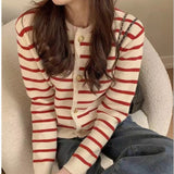 KANING Striped Round Collar Small Fragrant Knitted Cardigan 2026 Autumn French Loose Short Outer Sweater Coat