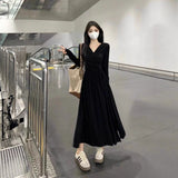 2025 New V-Neck Long-Sleeved Dress Women's Autumn Dress French Fold Design Feeling Waist Display Skin Bottom Skirt