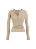 V-Neck Button Long-Sleeved T-Shirt V Collar Slimming Top New
