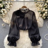 French Shirt Female Design Sense Small Three-Dimensional Flower Bubble Sleeves To Reduce The Age Of Pure Color Chiffon Shirt Women's Long-Sleeved Top