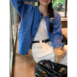 3.11/New In Spring XUAN XIAO JIE Solid Blue Knitted Shirt Woman
