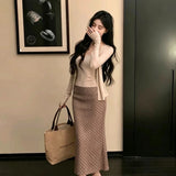 Early Autumn Thin Suit Temperament Gentle Style Button-Button Cardigan + Sling Vest + Wave Half-Dress Three-Piece Set Of Women