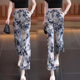 Ice Silk Print Creased Broad Leg Pants Women Summer Thin New Loose Waist Loose Nine-Point Leisure Straight Long Trousers