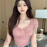 Sweet And Spicy Style Sexy Breast-Collar Short-Sleeved T-Shirt Women's Summer Design Folds Slimming Short Top