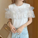 Real Shooting A Large Number Of Fake Two-Piece Multi-Wear French Women Heavy Industry Ordered Beaded Ear Lace High-End Cotton Shirt Women's Top
