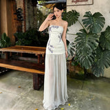 White Embroidery Dress Sexy Wind Mesh Splicing Bra Dress Women Summer Repair Height And Waist-Bosing Long Skirt