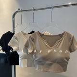 Summer New Solid Color With Chest Cushion V-Neck Short-Sleeved T-Shirt Women's Sports Yoga Suit With A Short Top