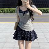 Early Summer Wear Sweet Hottie Pure Breeze Half-Neck Gray Short-Sleeved T-Shirt + Broken Flower Sling Skirt Skirt Two Sets Of Women