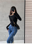 Solid Color Round Collar Foundation Slim Slim Skinny Back Shirt Long-Sleeved T-Shirt Top Female Tide