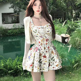 French Hottie Style Cross-Tieed With Broken Flower Sling Dress Girl Summer Sweet Low-Collar PonÅîy A-Skirt Skirt