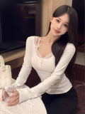 Ins Pure Hottie Fake Two Lace Long-Sleeved T-Shirt Girls Autumn And Winter Splicing Repair Bottom Sexy Bottom Top Girl