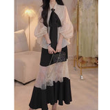 Clear-Tan-Dong Oni Champagne-Colored Bow Blouse + Black Lace Skirt Tight Waist Suit Two Sets Of Women's Summer