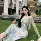 Pure Lust Lace Stitching Print Sling Dress Women's Summer French Temperament Holiday Dress Opener Two Sets