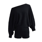 Autumn Maillard Wear Temperament Shoulder Sweater Oblique Shoulder Design Loose Knit Shirt Shorts Two Sets Of Women