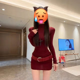 Korean Babes Half-High Collar Red Long-Sleeved Dress Female Autumn Temperament Sexy Tight Bottom Ass Short Skirt
