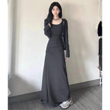 Hepburn-Style Black V-Neck Dress Women's New Korean Atmosphere In The Autumn And Winter 2025 Long Sleeves And Bottom Skirts