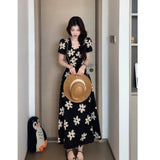 Vintage Lace V-Neck Broken Flower Short-Sleeved Dress Women's New Summer Waist Thin French A-Word Long Dress