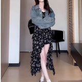 French Black Floral Slings With A Tie Dress Women's Summer New Holiday Wind Irregular Mid-Length Skirt