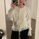 KANING Korean Sweet Fake Two Lace Side Knitted Cardigan Women 2026 Autumn New Waist Reduction Age Sweater