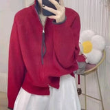 KANING Double Zipper Semi-High Collar Knitted Cardigan 2026 Autumn New Design Sweater Coat Women's Clothing
