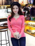 Pure Sexy Hot Girl In Korean Button Thread Long-Sleeved T-Shirt Girl Spring And Autumn Korean Version Of The Bottom Shirt Top Woman