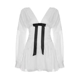 French Temperament V-Neck Bow Shirt Dress Women's New Summer Feeling Thin A Word Short Skirt