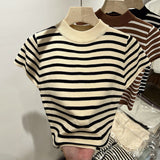 Half-High-Necked Striped Knitted Flying Sleeves To Fix The Little Shirt Girl's Short-Sleeved Bottom Shirt
