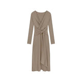 French V-Neck Kinky Temperament Thin Bottom Bag Skirt With Long Sleeve Irregular Waist Tender Dress