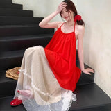 Dopamine Wears Red Bare Shoulder-Backed Neck Chiffon Shirt + Holiday Wind Skirt Skirt Long Skirt Two Sets