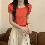 Korean Version Of The Pure Color Simple Square Collar Short-Sleeved Knitting Shirt Casual Age Reduction Slim Slim Short-Term Blouse
