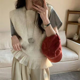KANING Lotus Lace Splicing Knitting Vest 2026 Autumn Design Without Sleeveless Shoulder Folding Sweater Vest