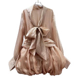 Ins Texture Soaked Yarn Deep V Collar Jellyfish Ponpon With Dress Gentle Lady New Shirt Dress