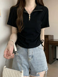Casual Style POLO Neck Zipper Front Shoulder Short Sleeve T-Shirt Women's Summer Design Suction Rope Strap To Repair Short Blouse
