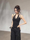 Vintage Lace Splicing Slinging Joint Bodysuit Woman Summer New Tight Air Inside The Net Red Top