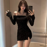 Pure Net Red Sexy Hot Girl Glitter Tight Bodybred Ass Small Black Dress Long Sleeve Open Wrinkles Dress Girl