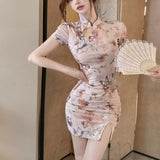 Hottie Style New Chinese Style Open Fork Cheongsam Print Baggy Short Dress Buckle Wrinkles Dress Women Summer